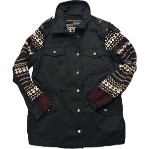 Jessica Simpson Black Burgundy Cream Shawna Canvas Sweater Jacket Zip Snap Large